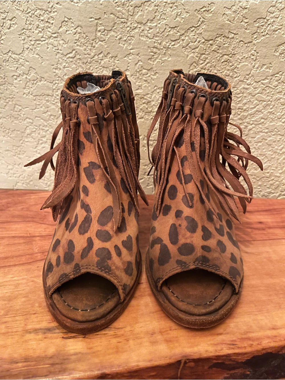 LIBERTY Black Cheetah Print Fringe Peep-Toe Mules - Brown